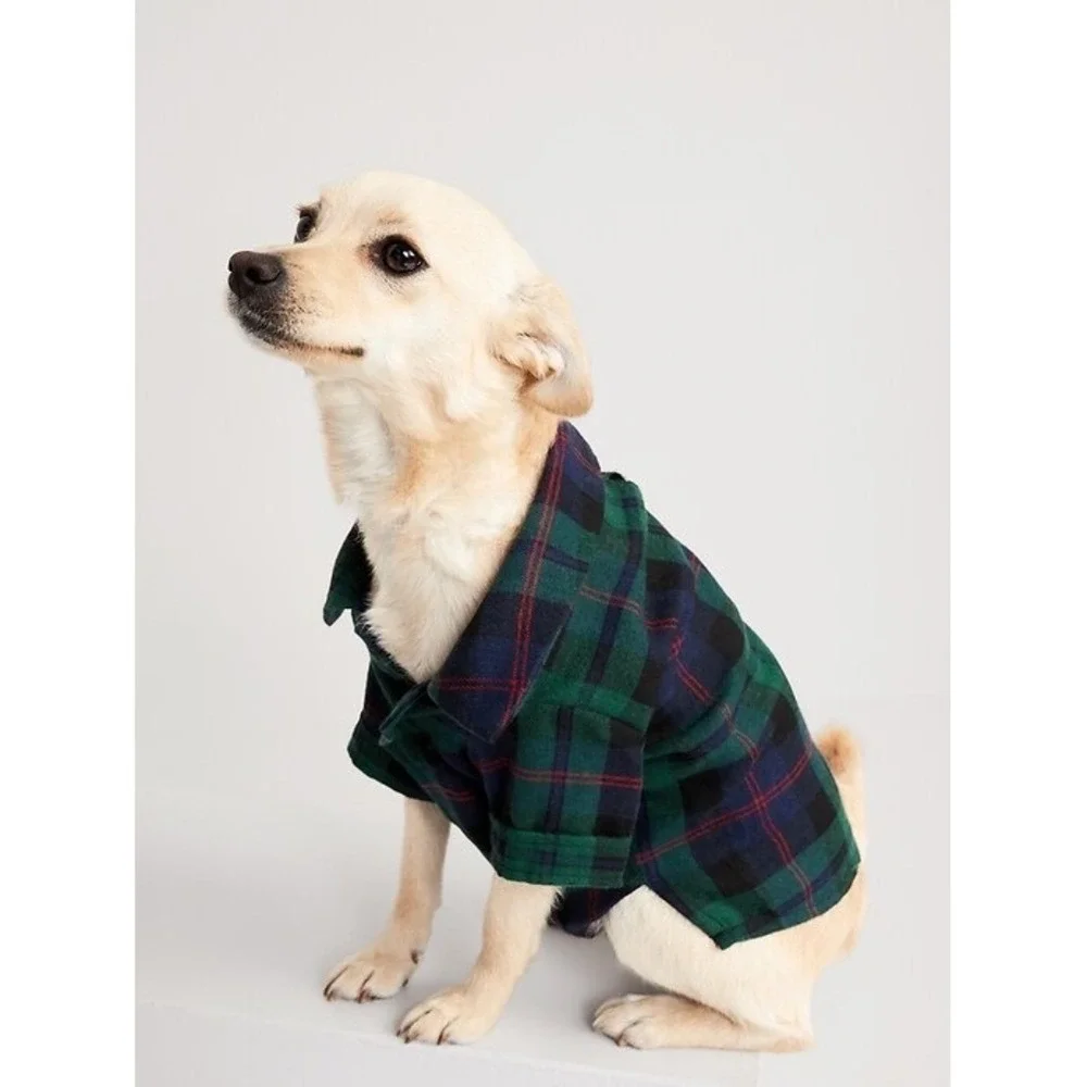 (CL) Old Navy Pet Flannel Shirt Green Navy Plaid Dog Cat Clothes XL NWT